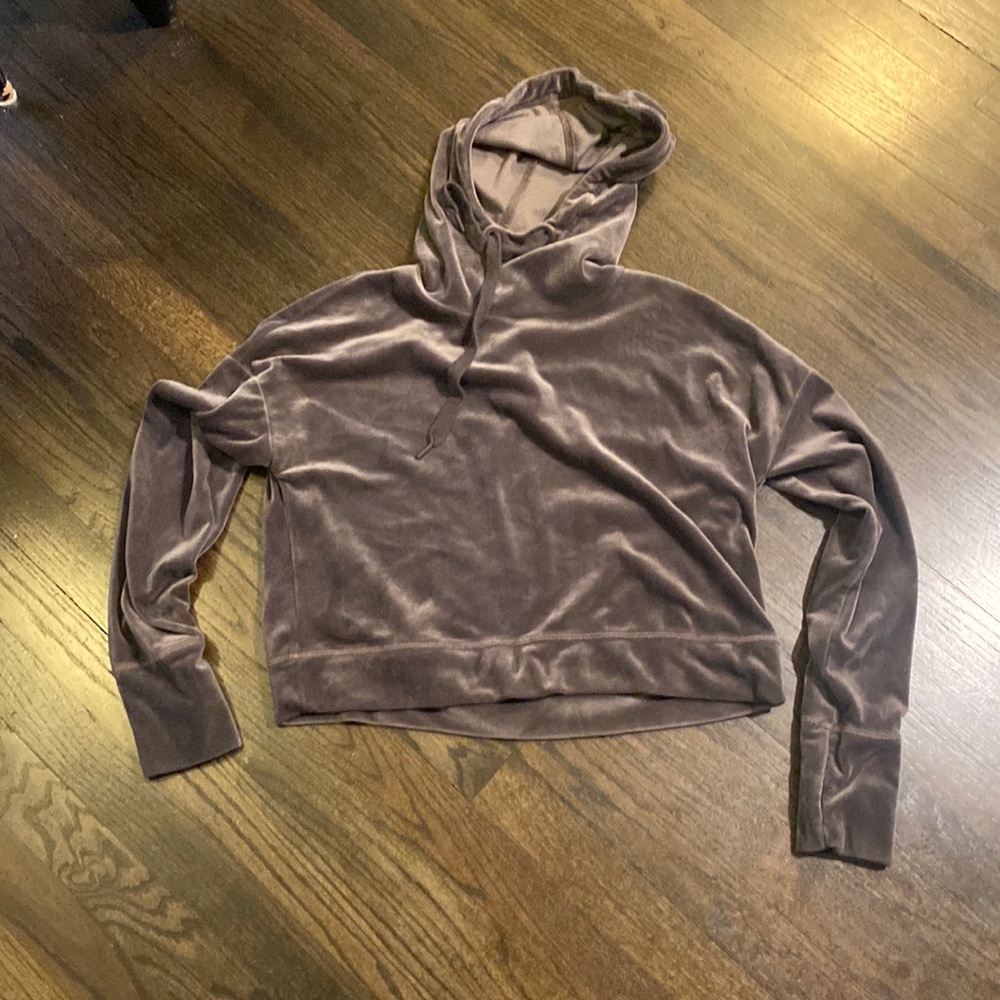 Aerie Offline Gray Velour Velvet Cropped Hoodie Hooded Sweatshirt XS EUC